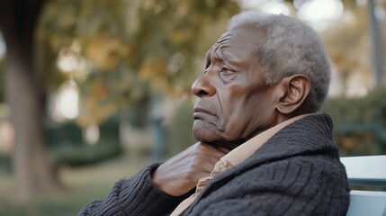 Obraz premium Elderly man, thoughtful and contemplative, outdoors, seated on park bench