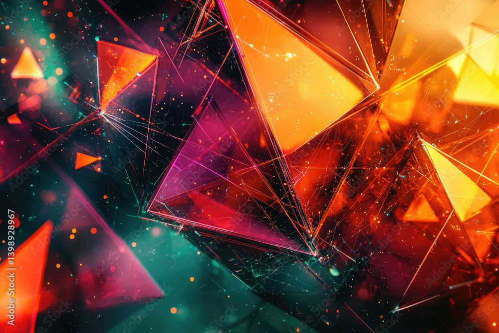 Poster Abstract digital art featuring vibrant, interconnected triangular structures in shades of red, orange, and teal.