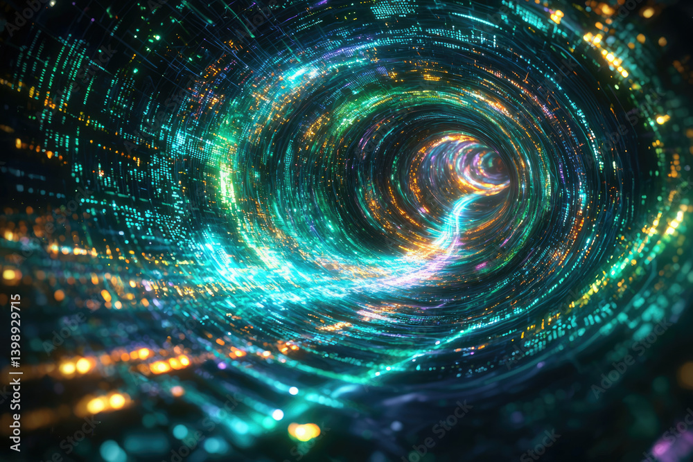 Aufkleber a swirling vortex of vibrant lights and data streams, resembling a digital tunnel or wormhole.