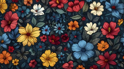 Colorful Floral Pattern with a Dark Background Featuring Blooms and Blossoms in a Repeating Decorative Design