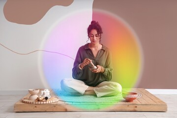Young African-American woman with Tibetan singing bowl meditating at home