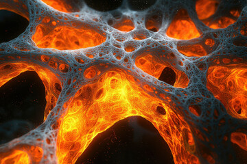 Abstract fractal art depicting a fiery, intricate network resembling a glowing, cavernous structure. © Vibudhaart