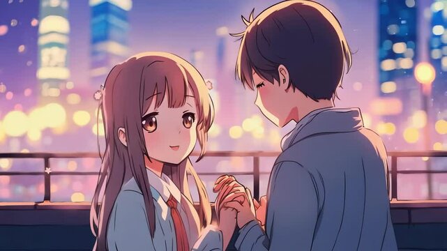 Anime young anime couple holding hands at night with a city skyline. concept of romance, youth, night, Animation