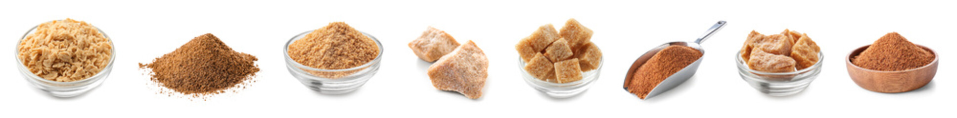 Set of different brown sugar on white background