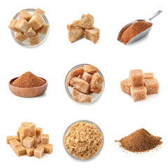 Set of different brown sugar on white background