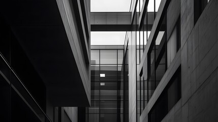 Fototapeta premium Modern architecture, concrete structures, geometric lines, building design, architectural photography, monochrome, black and white, urban design, contemporary architecture, building facade.