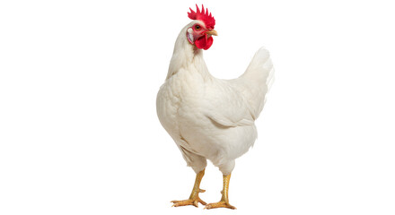 White leghorn chicken standing alert on transparent background
