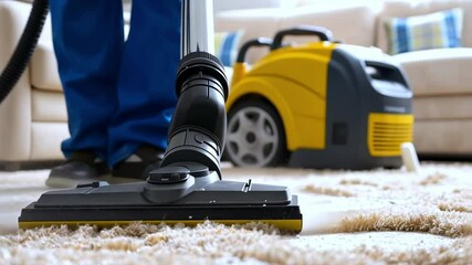 Focus on steam cleaning carpet in cozy living room. concept of home maintenance, modern household appliances. commercial cleaning service