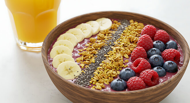 A vibrant and healthy fruit bowl with a blend of berries, banana, granola, and seeds, accompanied by fresh orange juice.
