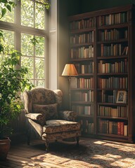A cozy reading nook with a vintage armchair, tall bookshelves, and a warm lamp, creating an intimate and inviting ambiance with soft shadows.