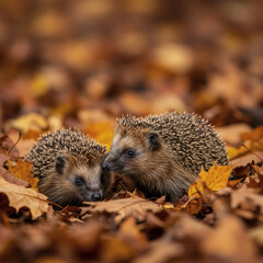 Adorable Hedgehogs Huddled Together Amidst Autumn Leaves