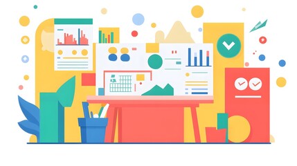 colorful flat design illustration of a desk with a laptop and paperwork. The desk is cluttered with charts, graphs, and notes. It symbolizes the idea of business analysis, planning.