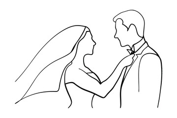 Elegant Wedding Line Art Bride Adjusting Grooms Tie Minimalist Vector Illustration For Card Design Invitations Or Decoration