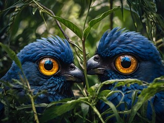 Blue Birds Eyes Through Greenery, Sharp Focus, Nature Frame
