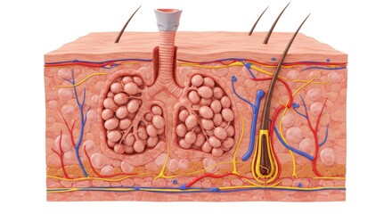 Detailed Cross Section of Human Skin Layers Revealing Anatomical Details on White Background