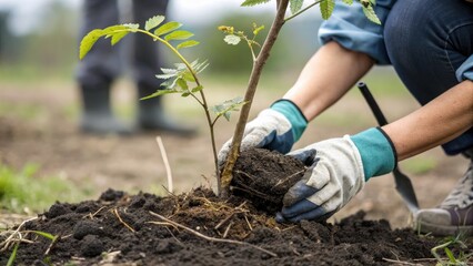 Climate change renewable energy sustainability concept, Planting a young tree in fertile soil by a gardener's hands.