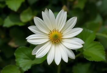 Fototapeta premium White Flower Bloom with Yellow Center Surrounded by Green Leaves
