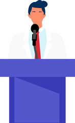 Doctor in interview and giving speech at tribune with microphone