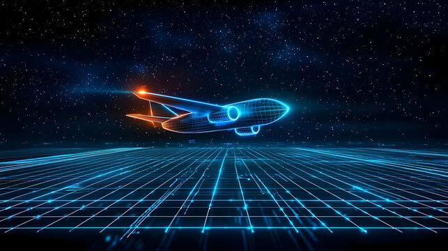 Futuristic Airplane Above Night Cityscape With Glowing Lines