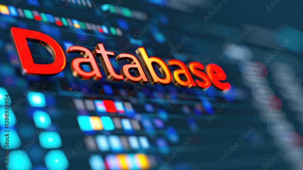Poster database management system digital technology concept red gold 3d text