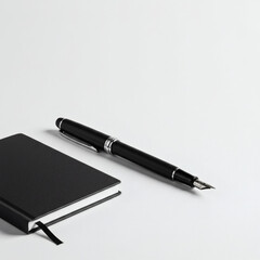 Naklejka premium Elegant Black Notebook and Fountain Pen Minimalist Stationery Set