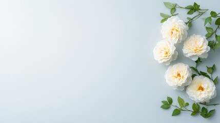 Fototapeta premium White roses in full bloom arranged on a light blue background, delicate floral composition with green leaves, and minimalist and elegant design.