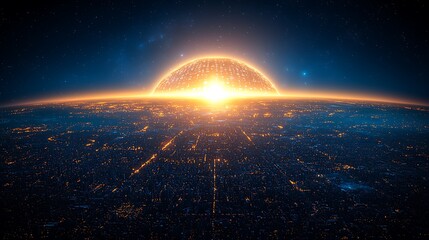 Sunrise over a city on a planet