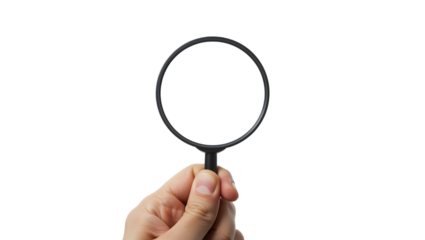 Close-up of a hand holding a magnifying glass against a transparent background, creating a versatile image suitable for various investigation, research, or discovery concepts