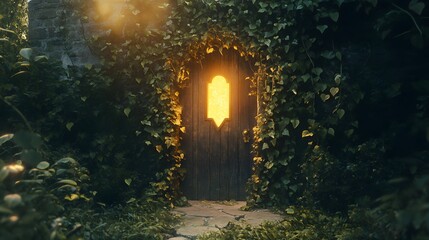 a mysterious wooden door overgrown with ivy, illuminated by warm light, beckons in a dense, leafy forest. The glow emanating from behind the door hints at something magical and unknown.  