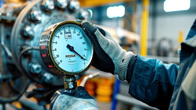 Engineer adjusting pressure gauge in industrial plant. concept of engineering precision, industrial safety, mechanical expertise