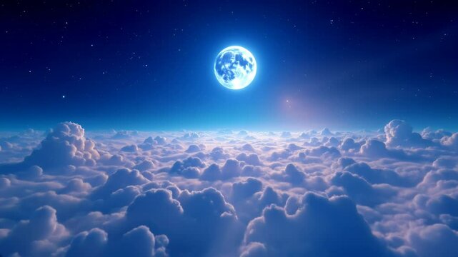Beautiful Moon in the Skies. Flying Over the Infinite Clouds with the Night Moon Shining Seamless. Looped 3d Animation with Moonlight Over the Horizon