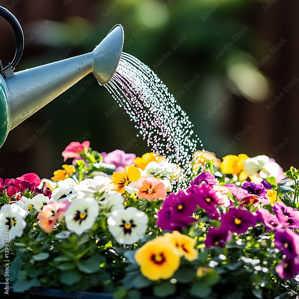 Poster watering flowers from a watering can with vibrant pansies in colorful bloom reflecting the joy of ga