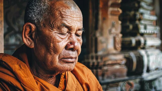 Elderly asian monk meditating peacefully in ancient temple, eyes closed in reflection. concept of spiritual serenity, inner peace, mindfulness practice