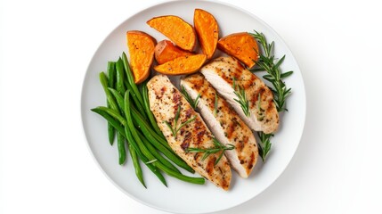 Grilled chicken breast with sweet potatoes and green beans garnished with rosemary.