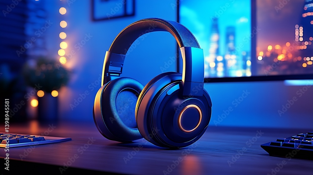 Poster Stylish over-ear headphones positioned on a desk with ambient lighting and a soft computer background : Generative AI