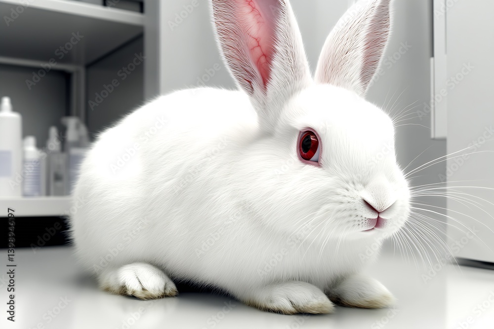 Poster Fluffy white rabbit resting on a clean surface featuring bright fur and curious red eyes in a clinical setting : Generative AI