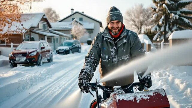 Smiling caucasian man clearing snowy driveway with snow blower in a cozy neighborhood. concept of winter chores, seasonal maintenance, and community living.