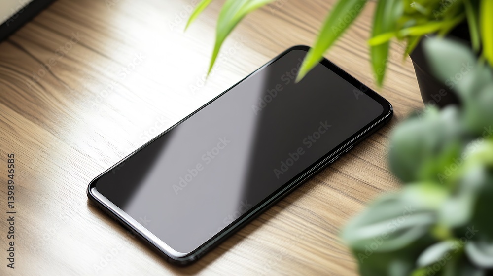 Poster close-up of a smartphone on a wooden desk adorned with lush green plants for a refreshing touch : ge
