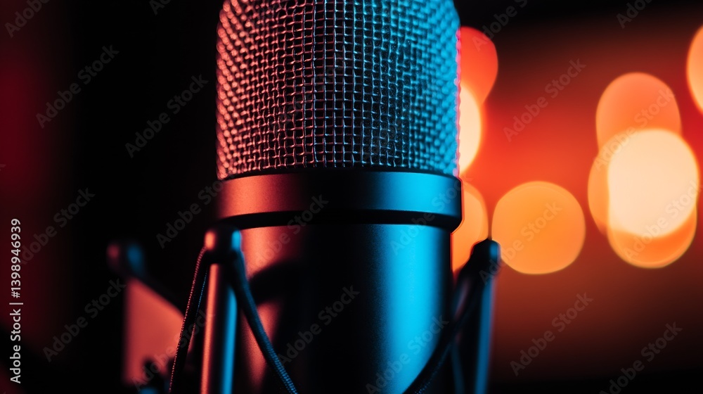 Poster A close-up of a professional microphone with bright bokeh lights in the background : Generative AI