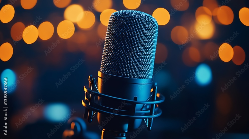 Poster Professional microphone showcased with a blurred glowing background symbolizing the art of sound recording and voice artistry : Generative AI