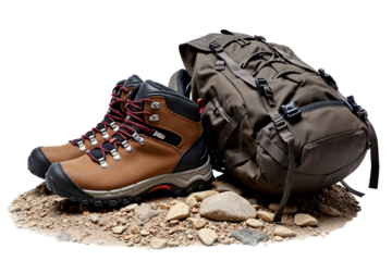 Rugged Brown and Orange Hiking Boots Standing Beside a Gray and Blue Backpack on a Rocky Terrain, All Isolated on a Transparent Background, Representing Adventure, Exploration, and Outdoor Activities