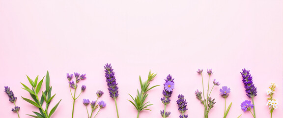 Naklejka premium Lavender flowers arranged on pink background 