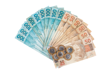 Brazilian real banknotes and coins fanned out including 100 and 50 reais bills