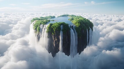 floating island with waterfall and cloudy sky, creates a magical dreamscape