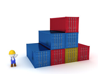3D Construction Character Showing a Stack of Shipping Containers