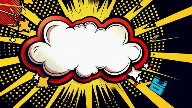 Colorful pop art style comic book explosion with speech bubble and stars. concept of dynamic expression, retro design, creative storytelling, animation, background