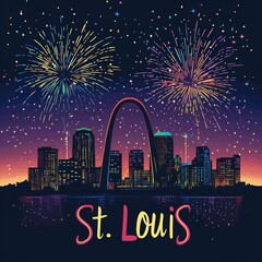 City of St. Louis  night time skyline postcard style vector illustration	