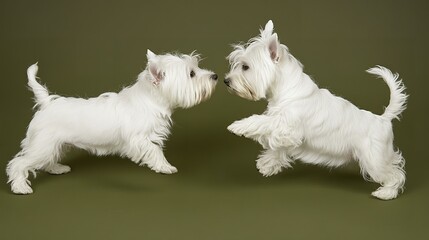 Two West Highland white terriers facing each other playfully
