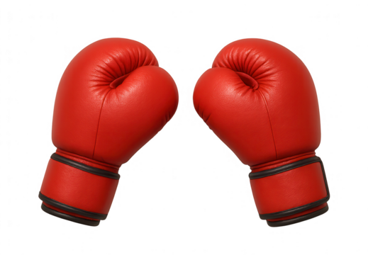 Pair of red boxing gloves facing each other on transparent background
