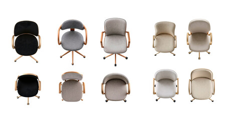 Set Highly detailed top view of elegant designer office chair with copper, gold or champagne frame and expensive fabric upholstery, for design floor;